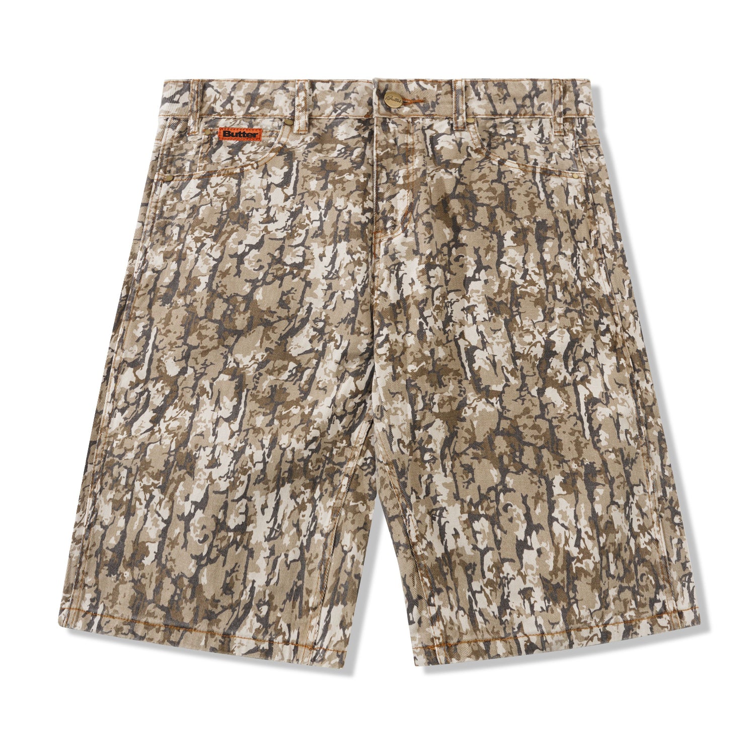 Bark Camo Denim Shorts, Tan