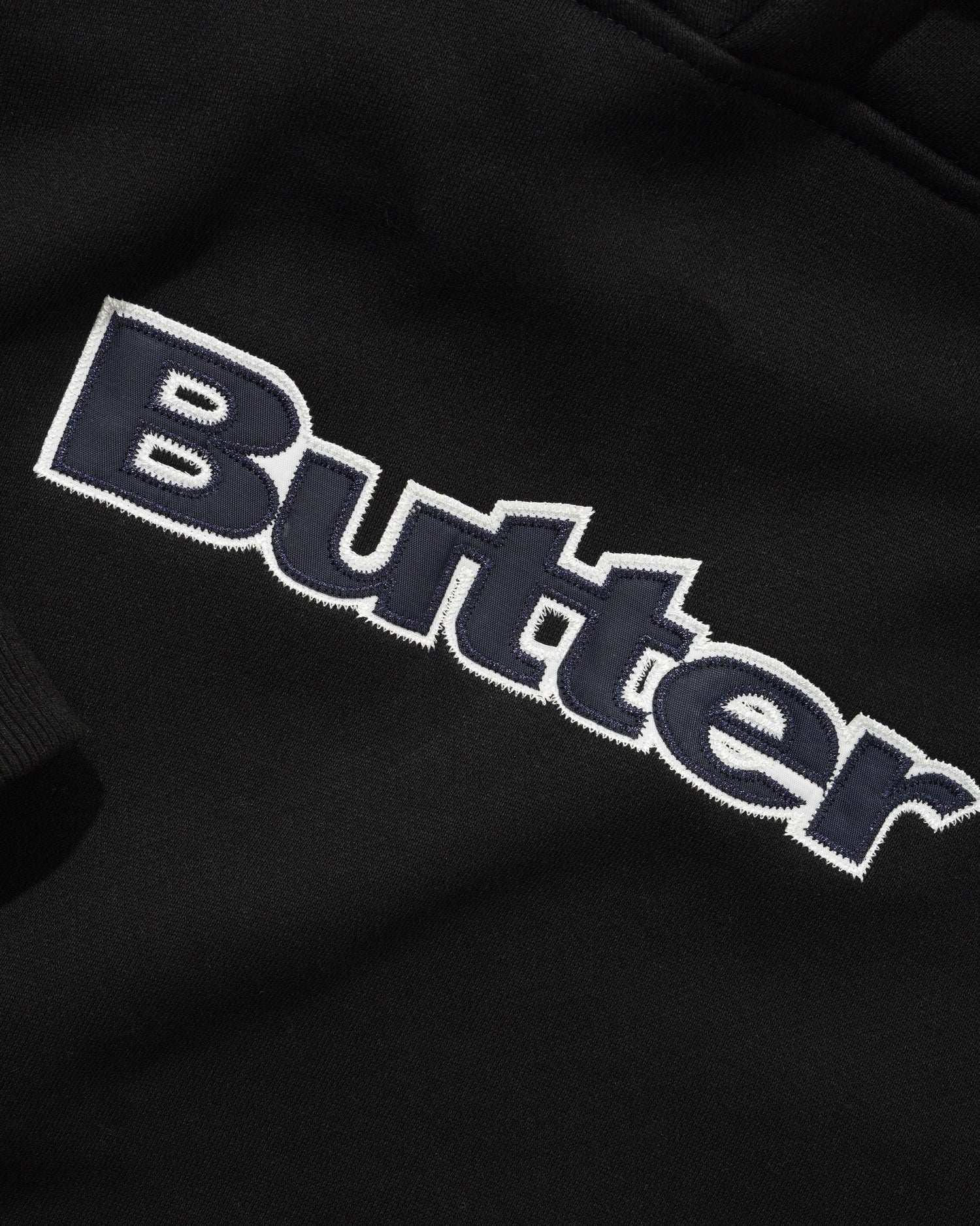 Satin Applique Pullover Hood, Black