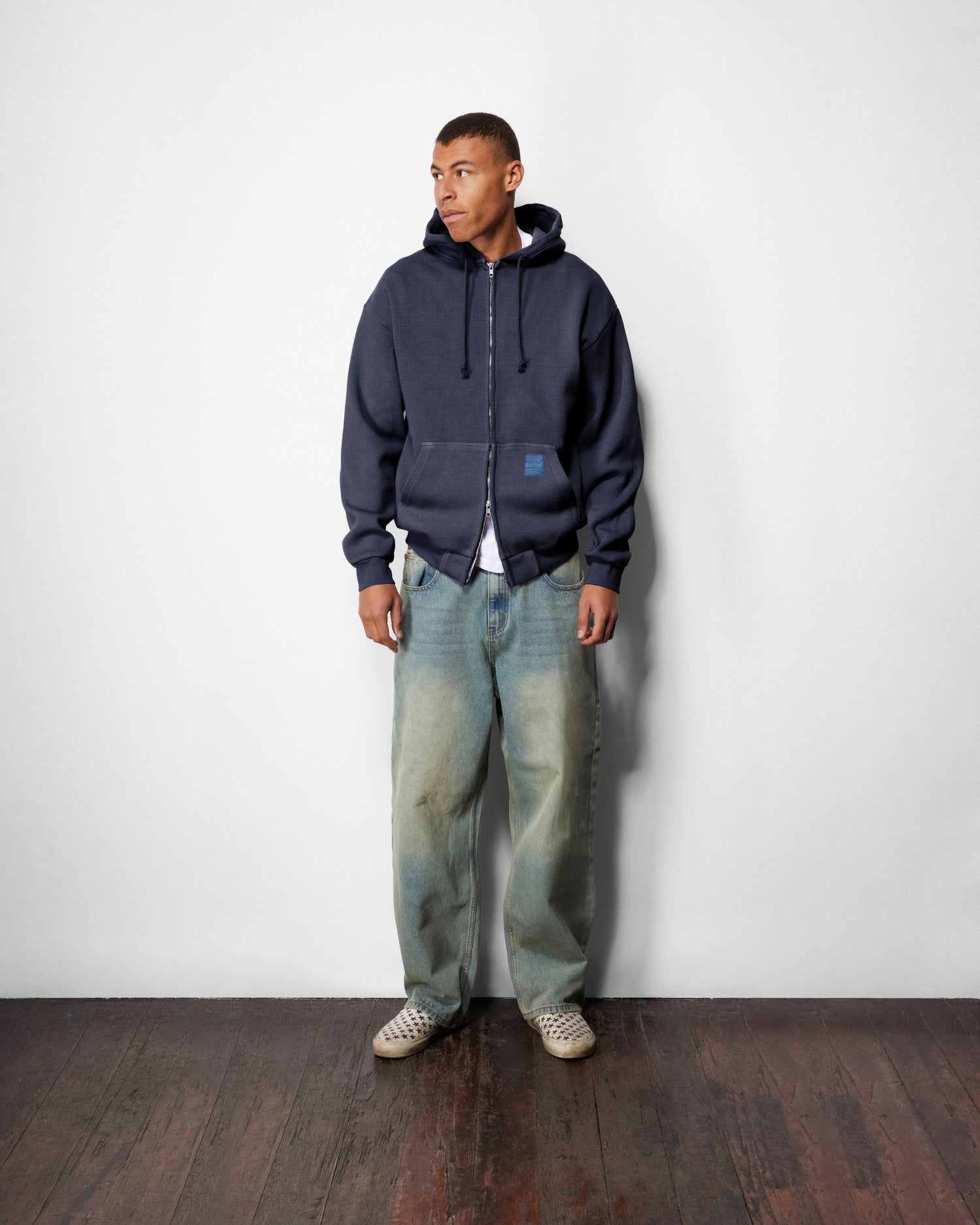 Waffle Zip-Thru Hood, Navy Overdye