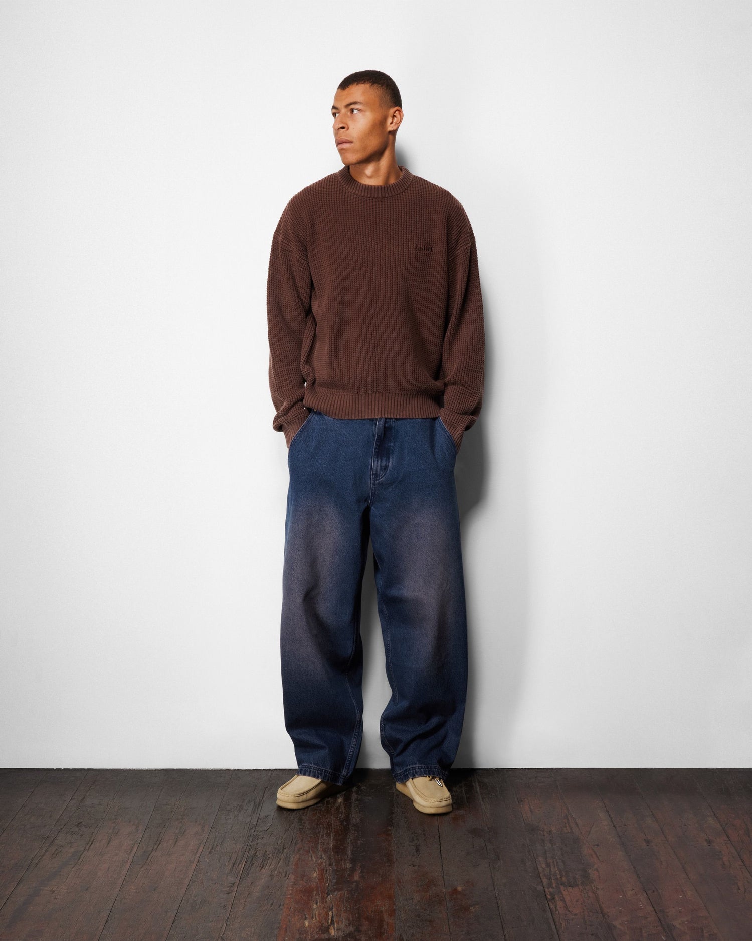 Distressed Waffle Knit Sweater, Washed Black