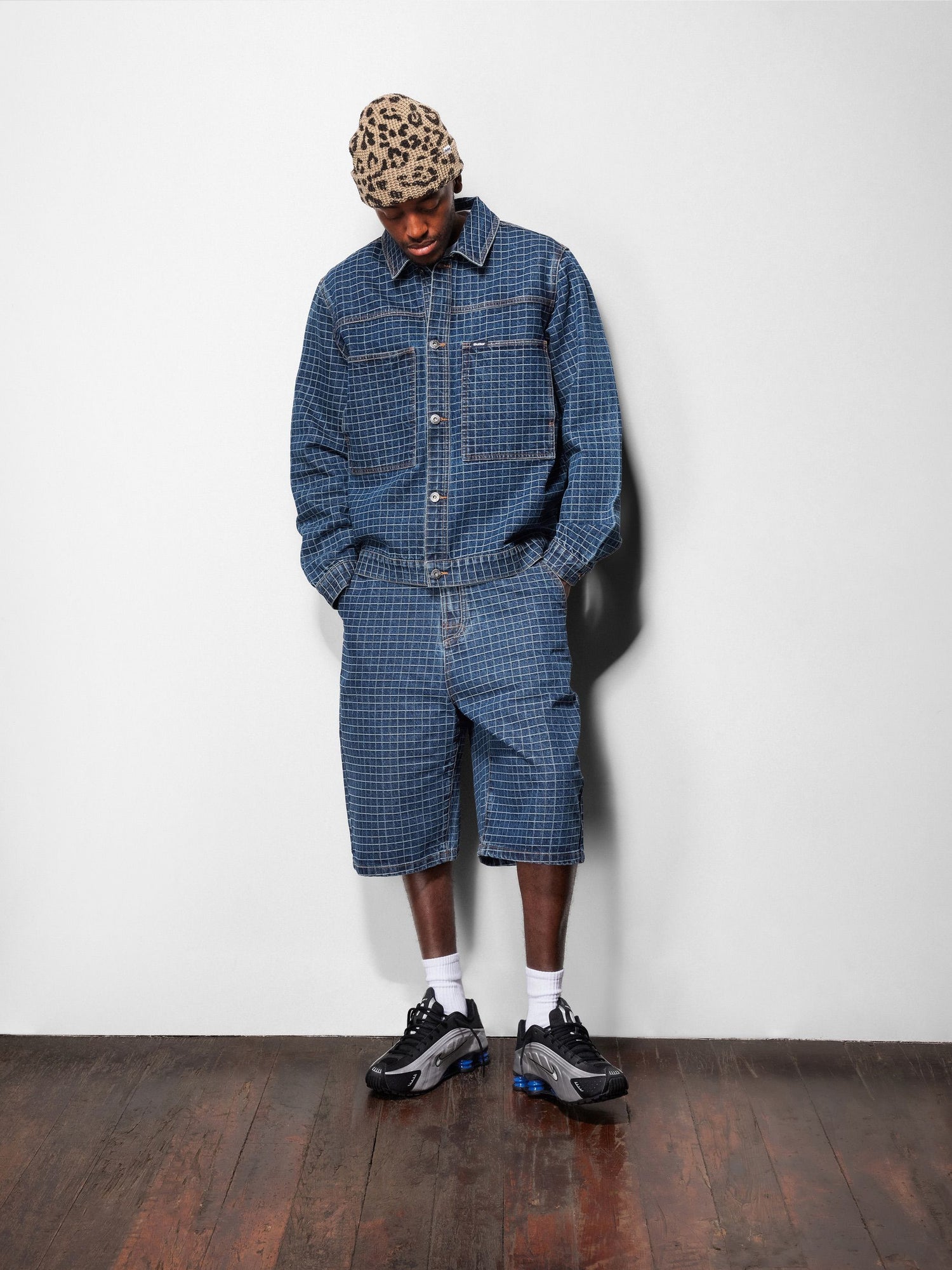 Big Grid Denim Shorts, Indigo
