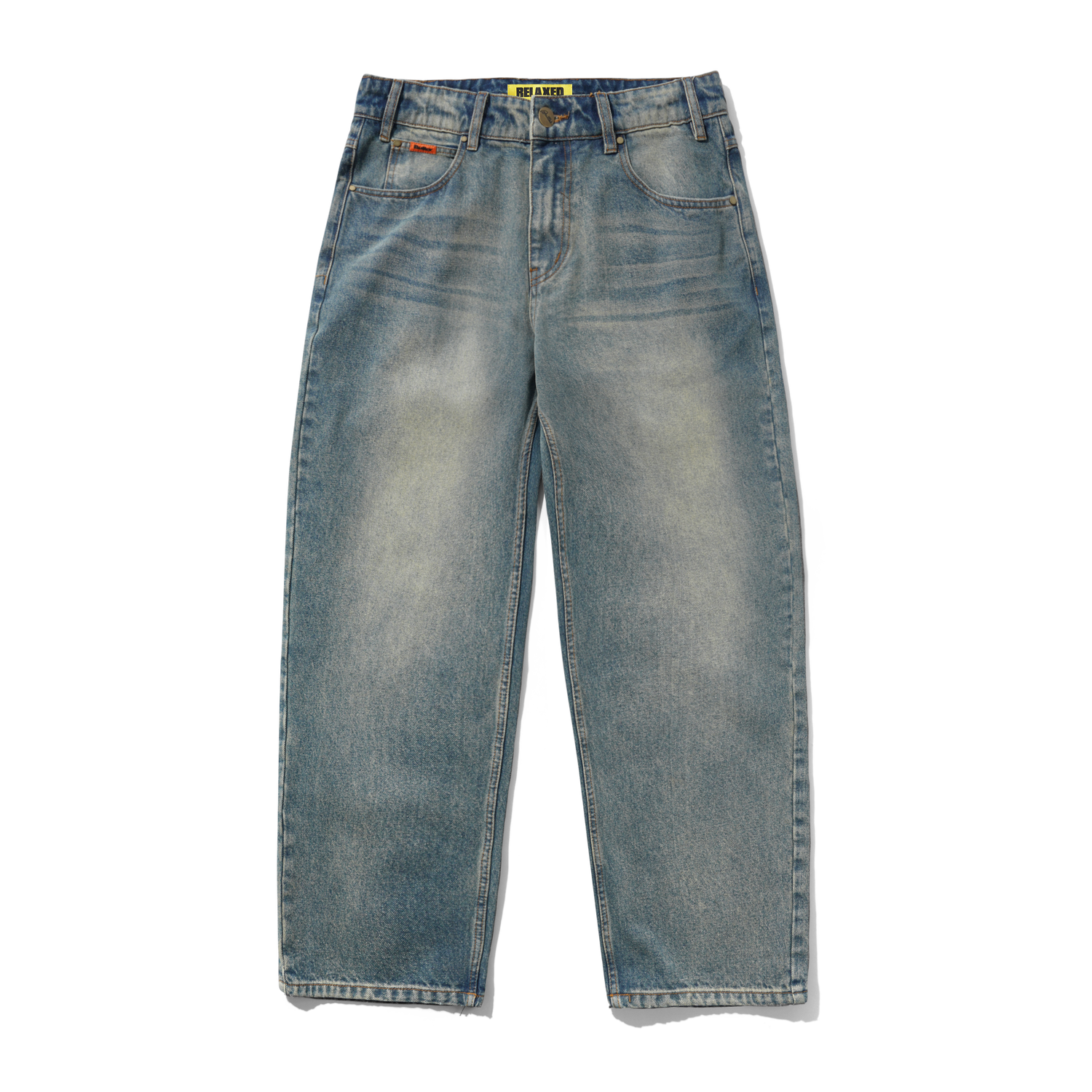 Relaxed Denim Jeans, Distressed Mid Blue