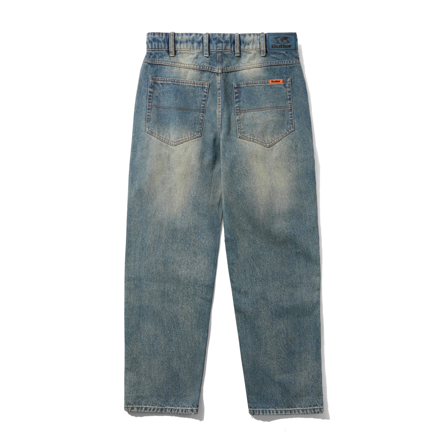 Straight Leg Denim Jeans, Distressed Mid Blue